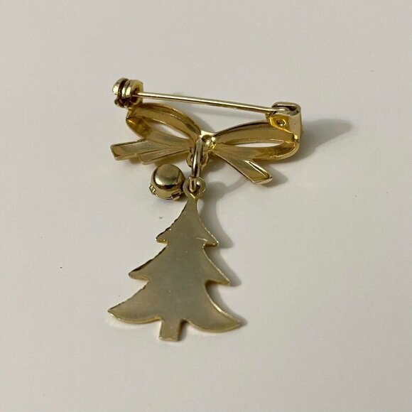 Vintage Christmas Pin Brooch Bow Tree Green Rhinestone Dangle - Picture 7 of 12